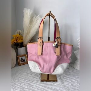 Antique Coach Hampton Tote Pink Canvas White Leather Handbag with Flower Charm